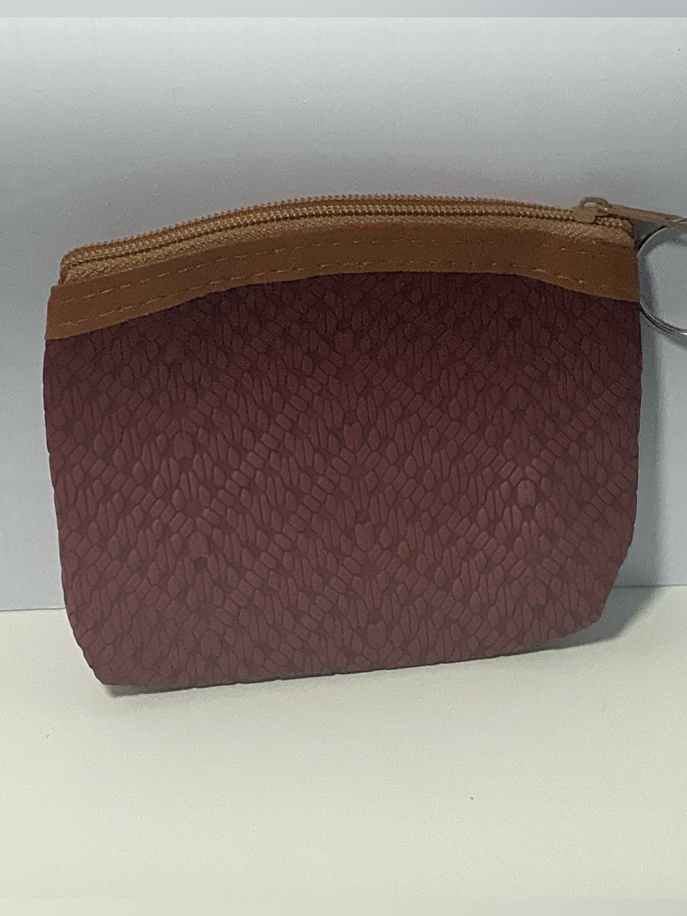 Textured Burgundy Coin Pouch with Tan Trim